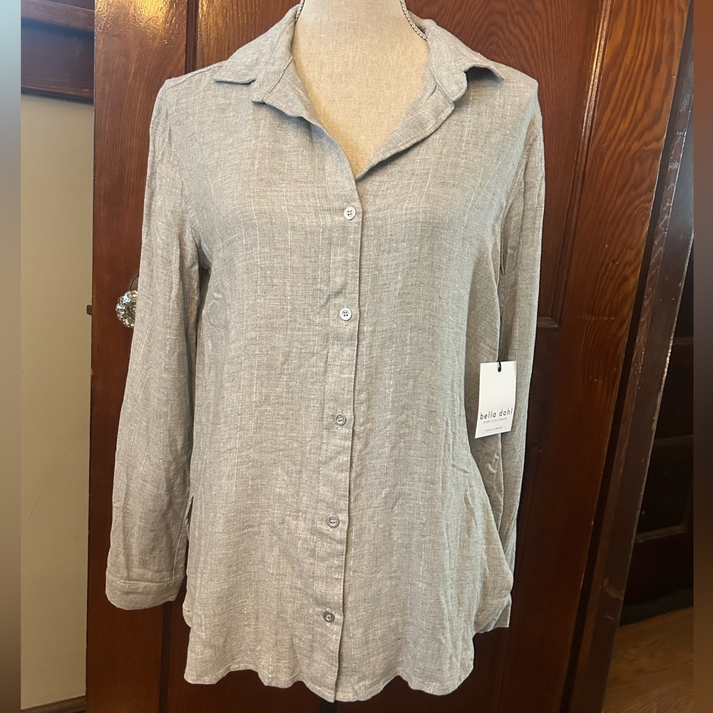 NWT Bella Dahl Relaxed Fit Button-Up Shirt Grey with Silver Stripe Long Sleeve S
